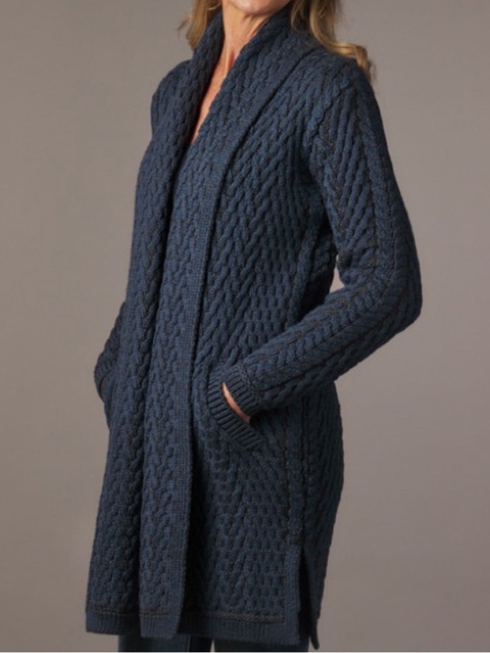 Aran Crafts herringbone hooded shawl cardigan in XL